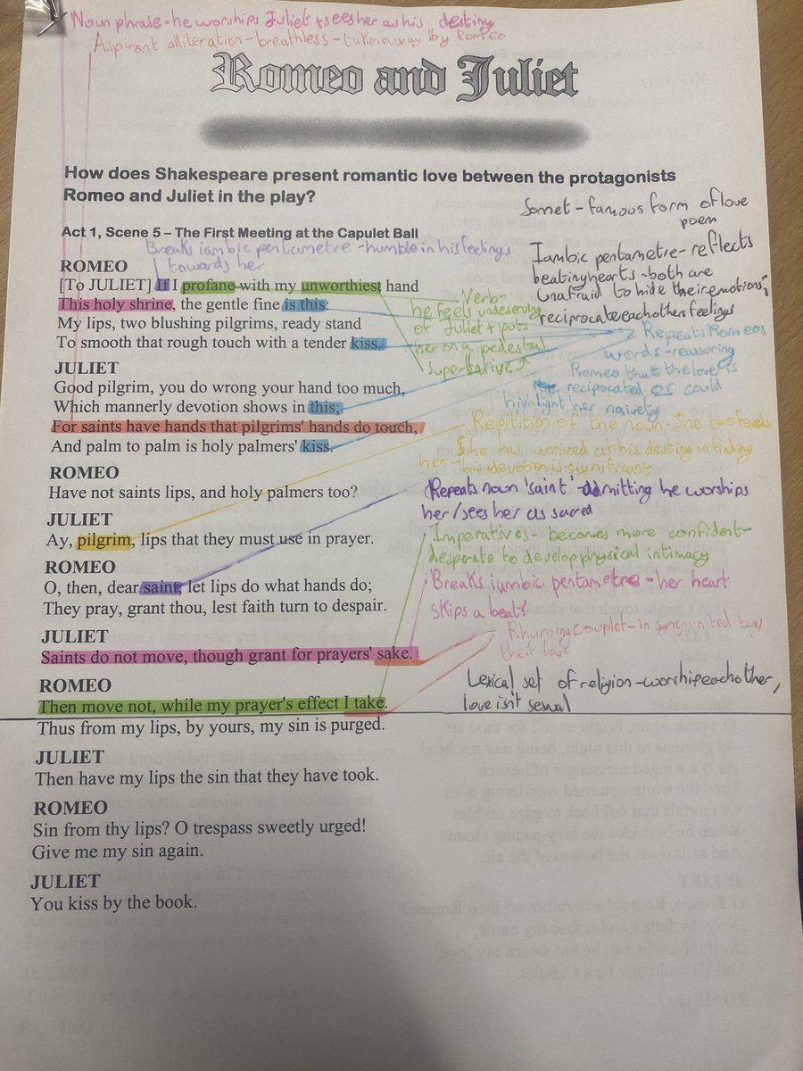 MullenJones's tweet image. Excellent lesson with year 10 exploring how language and techniques are used to present love in Romeo and Juliet’s shared sonnet👏🏻