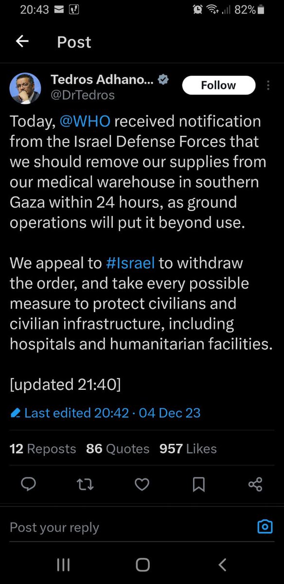 ShaykhSulaiman's tweet photo. BREAKING: ISRAEL TELLS WHO TO REMOVE MEDICAL SUPPLIES FROM SOUTHERN GAZA

Tedros Adhanom Ghebreyesus says the World Health Organization was notified by the Israeli miliary that it should remove supplies from its two medical warehouses in southern Gaza 

“within 24 hours, as ground operations will put them beyond use.”

He said;

“We appeal to Israel to withdraw the order, and take every possible measure to protect civilians and civilian infrastructure, including hospitals and humanitarian facilities.”
