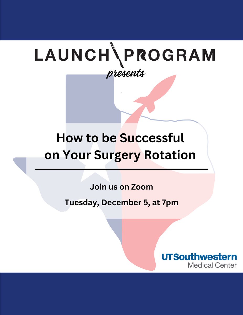 Join us TOMORROW for our next Launch meeting where we’ll discuss how you can excel on your surgery clerkship. This is geared towards MS1-3 - can’t wait to see you there! 
#generalsurgery #surgery #launchprogram #utswsurgery #utswmed