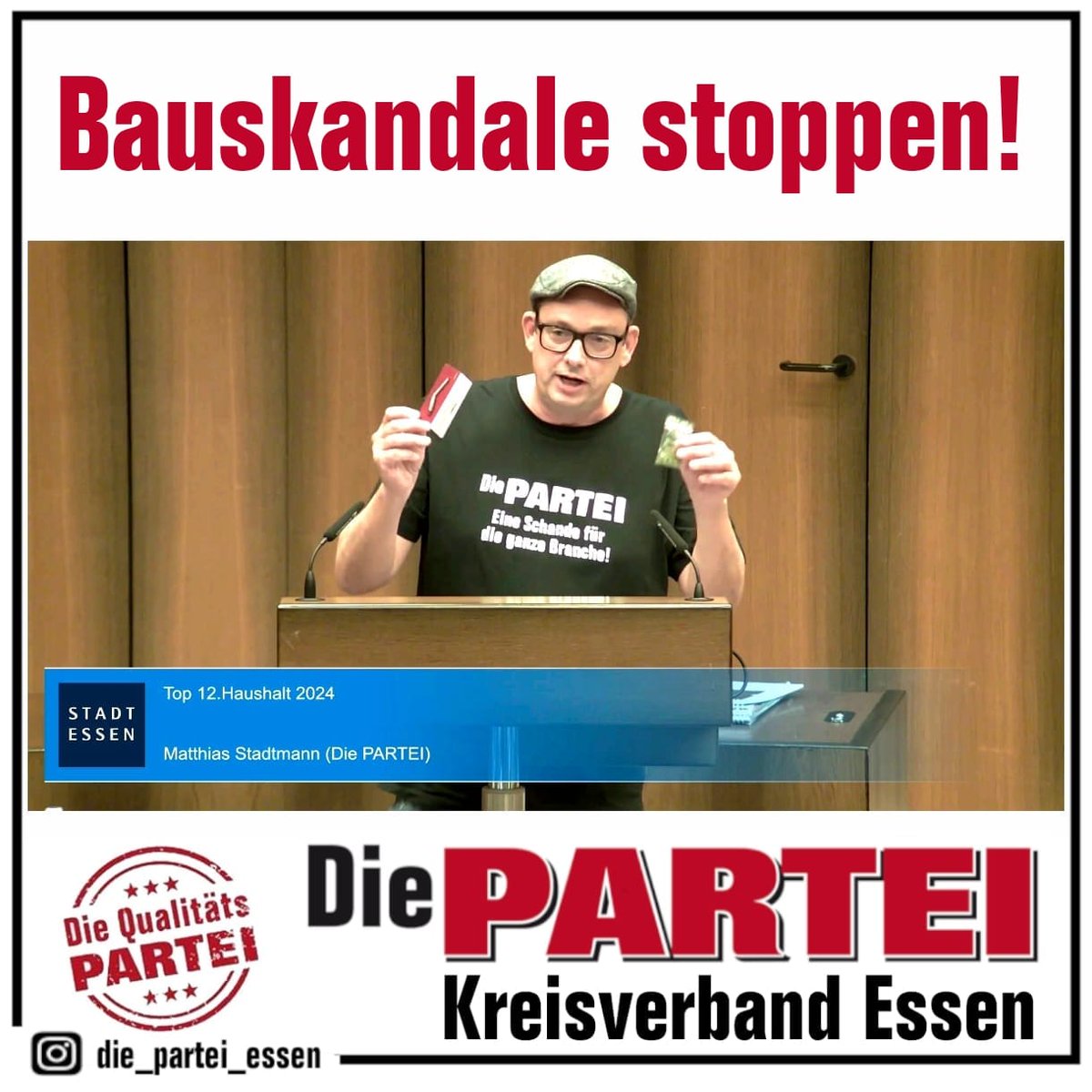 Neulich bei der Haushaltsdebatte: #CDU Fraktionschef Schrumpf hat die Mitglieder des Rates am Ende seiner Rede  zu einem Stauder-Bier eingeladen. #DiePARTEI Ratsherr El Comandante Stadtmann lädt alle MitgliederX am Ende seiner Rede ab dem 1.4.  zu einem schön gebauten Jolly ein.