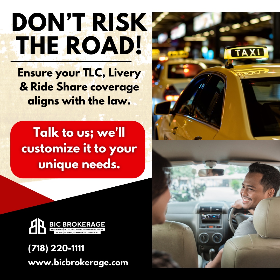 bicbrokerage's tweet image. Stay on the right side of the road! Make sure your TLC, Livery &amp;amp; RideShare coverage is in line with regulations. Reach out to us, and let's customize your insurance for a safer and smoother ride.

Contact Us: (718) 220-1111 | bicbrokerage.com

#RoadSafety #InsuranceCove...