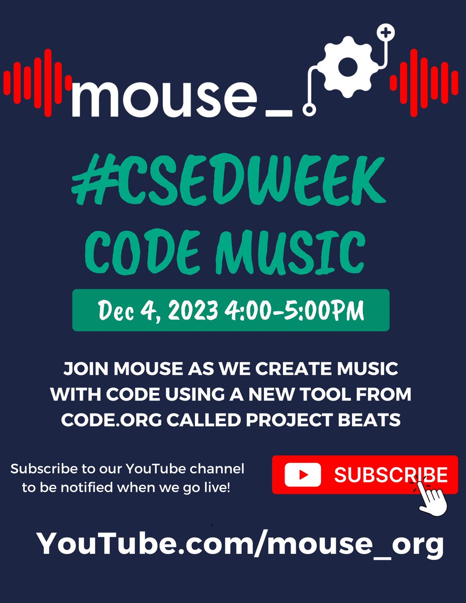 mouse_org's tweet image. #CSEdWeek is here! Join Mouse’s YouTube livestream at 4PM EST TODAY to explore @codeorg’s brand new tool, Project Beats to code the music to express yourself and learn about the #ImpactsofComputing! #HourOfCode #CSforAll youtube.com/live/Fl-3HwQZb…