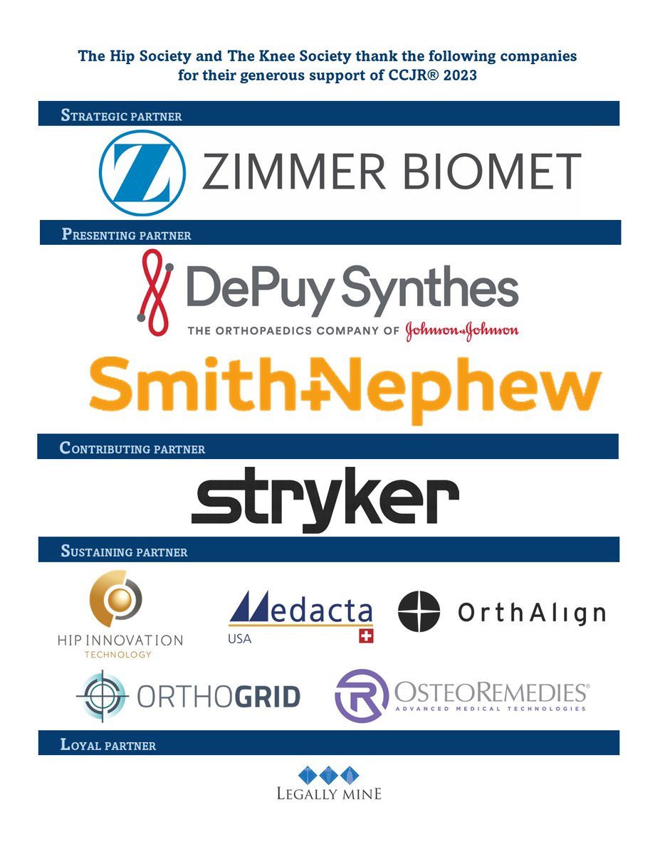 HipSocKneeSoc's tweet photo. Our heartfelt thanks to our #orthopedic industry partners for enabling us to pursue our #mission in #adultreconstruction #education. #ThisIsCCJR #CCJR2023
There's still time to REGISTER: https://t.co/FkhjGPrWCn https://t.co/UHL9wp6izx