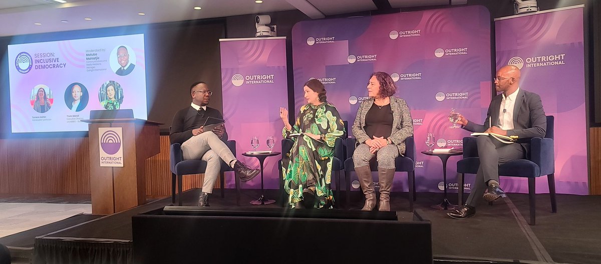 #OutSummit2023 panel on inclusive democracy in #WashingtonDC at @OutrightIntl featuring @TamaraAdrian 🇻🇪, @birgittaohlsson, @MahlatjieMatuba, and @thatocovey. 🌐✨ #InclusiveDemocracy #OutrightIntl