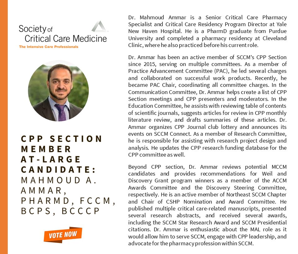 📣 Dr. @Mahmoudtweets is one of 8 strong candidates for the CPP Section Member-at-Large (MAL) position. Cast your vote for Secretary/Treasurer and MAL by 12/19 at 11:59 pm CT on Connect: loom.ly/GZiHelI #PharmICU