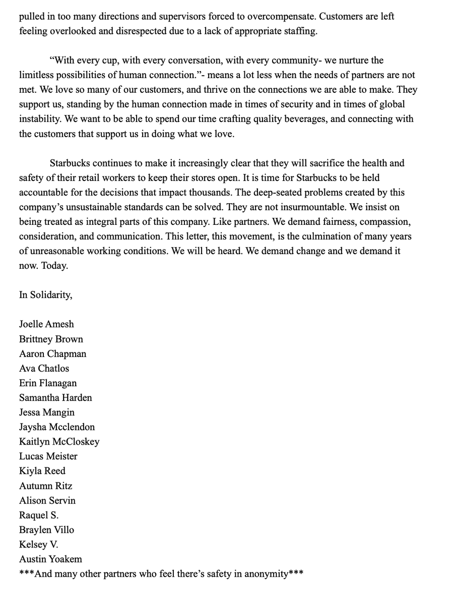 "The deep-seated problems created by this
company’s unsustainable standards can be solved.

We will be heard. We demand change and we demand it
now."

CONGRATULATIONS to the Starbucks partners of the Wilson Bridge store in Columbus, OH, who are demanding unionization today!!!