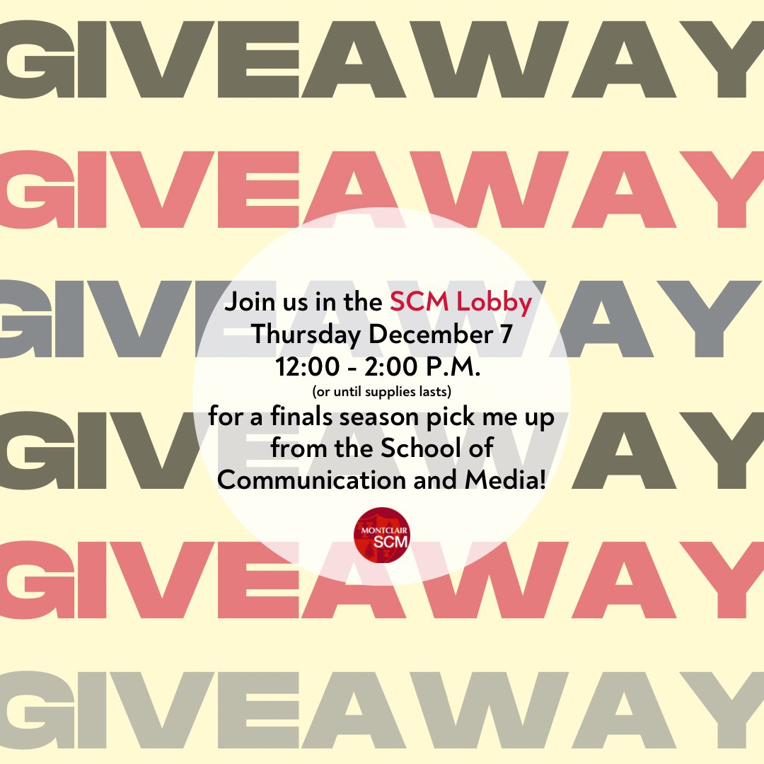 Are you feeling drained by final exams season? Be sure to stop by the SCM Lobby this Thursday December 7 1:00 - 3:00 P.M. for a finals season giveaway! We will be there until supplies lasts so make sure you come by! #MontclairSCM