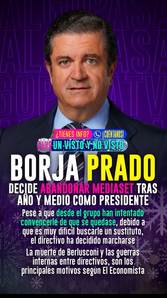 Fuucsia's tweet photo. Borja Prado se va de Mediaset.

Destrozó la cadena y ahora huye como lo que es.

Vasile, por favor, vuelve🙏🏻 Necesitamos alguien que sepa de tele (y vuelva a fichar a la fábrica, emitir Sálvame y ponga a JJ frente de todo, si lo digo) https://t.co/oMbco326Mv