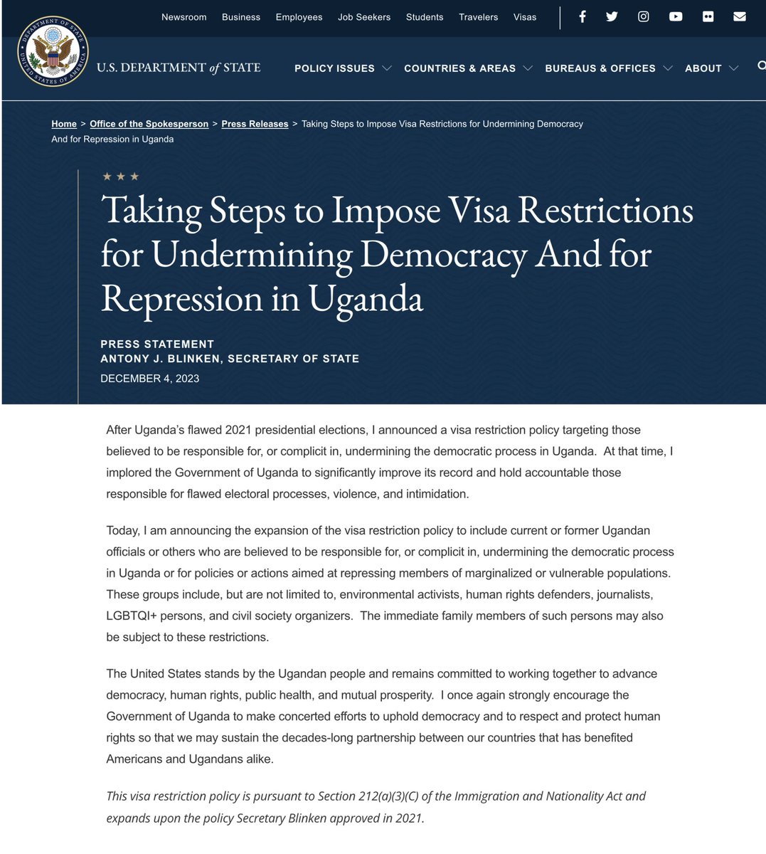 Breaking news 🚨 

U.S. Secretary of State, <a href="/SecBlinken/">Secretary Antony Blinken</a>, slaps visa restrictions on human rights abusers in Uganda with their immediate family members.

Abused group are; environmental activists, human rights defenders, journalists, LGBTQI+ persons, &amp; civil society organizers.