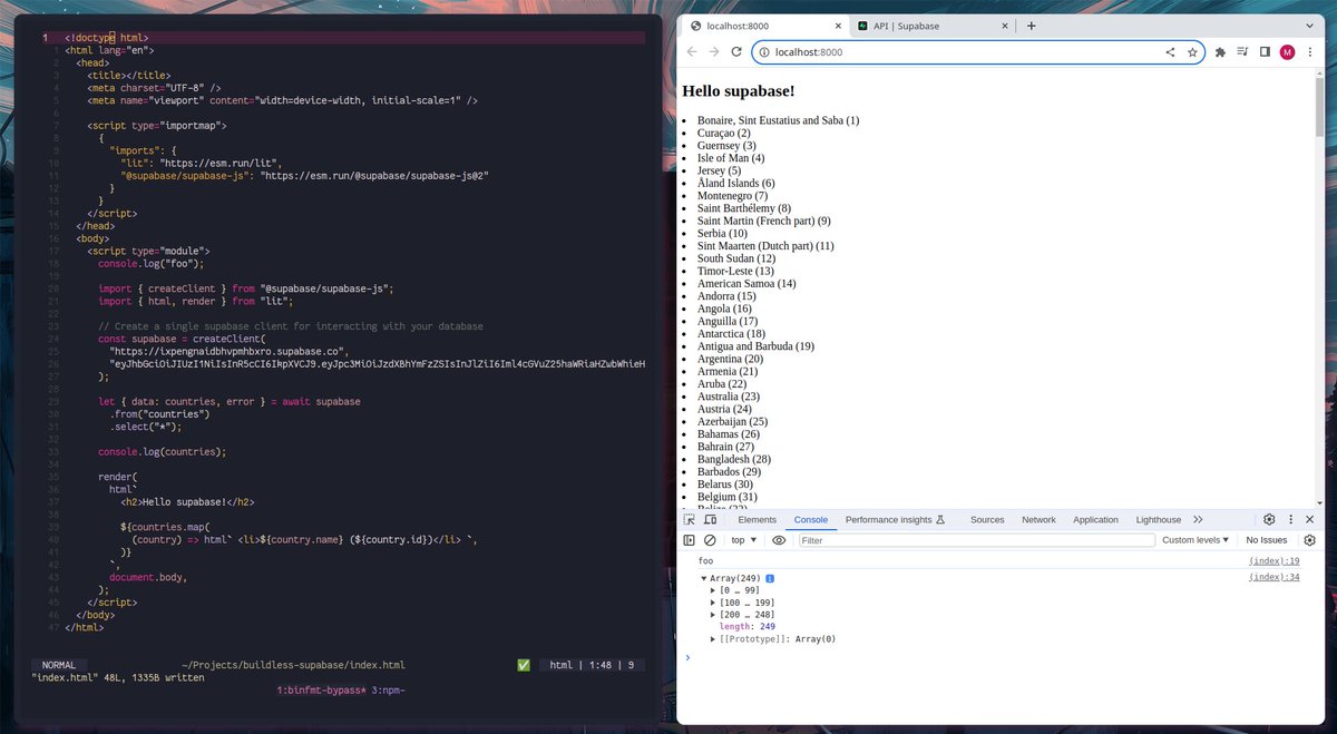 matsuuu_'s tweet image. Well isn't this freaking cool? Not a single build tool in sight. Just javascript devs living in the moment, querying a @supabase database from a single HTML file and nothing else.
So happy to be a part of making this into a reality ✨