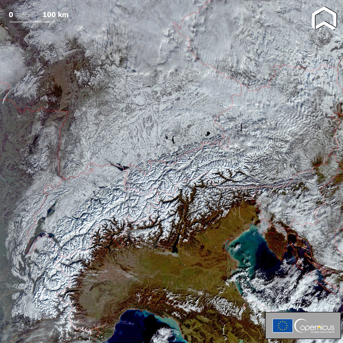 Η Ευρώπη σκεπασμένη στο χιόνι! Μια καταπληκτική  δορυφορική εικόνα από τον #Sentinel3 που τραβήχτηκε στις 3 Δεκεμβρίου. Η πρώτη ισχυρή  χιονόπτωση σε #Italy , #Germany , #Austria