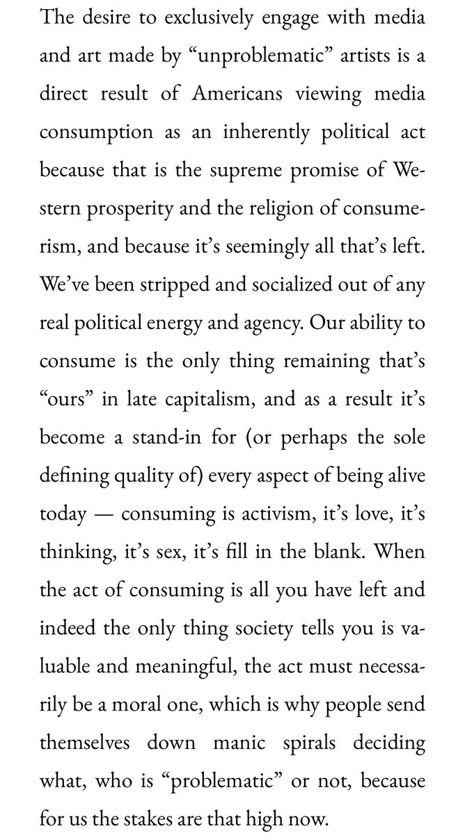 renkiger_'s tweet photo. “The desire to exclusively engage w media &amp; art by "unproblematic" artists is a direct result of viewing media consumption as an inherently political act, bc that is the supreme promise of Western prosperity and the religion of consumerism, and bc it's seemingly all that's left + https://t.co/Pq3xtYk00R
