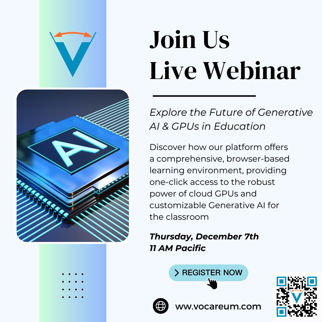 Join us Thursday 11AM PT to explore how our platform delivers a comprehensive, browser-based learning environment, granting instant access to the potent capabilities of cloud GPUs and customizable Generative AI tailored for educational settings. Register: us02web.zoom.us/webinar/regist…