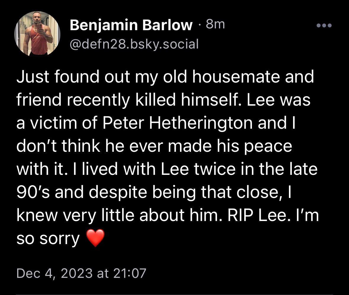 Just found out fellow abuse survivor Lee Eley who featured on @Channel4 @ComeDineWithMe has sadly passed. 

Rest in peace Lee.