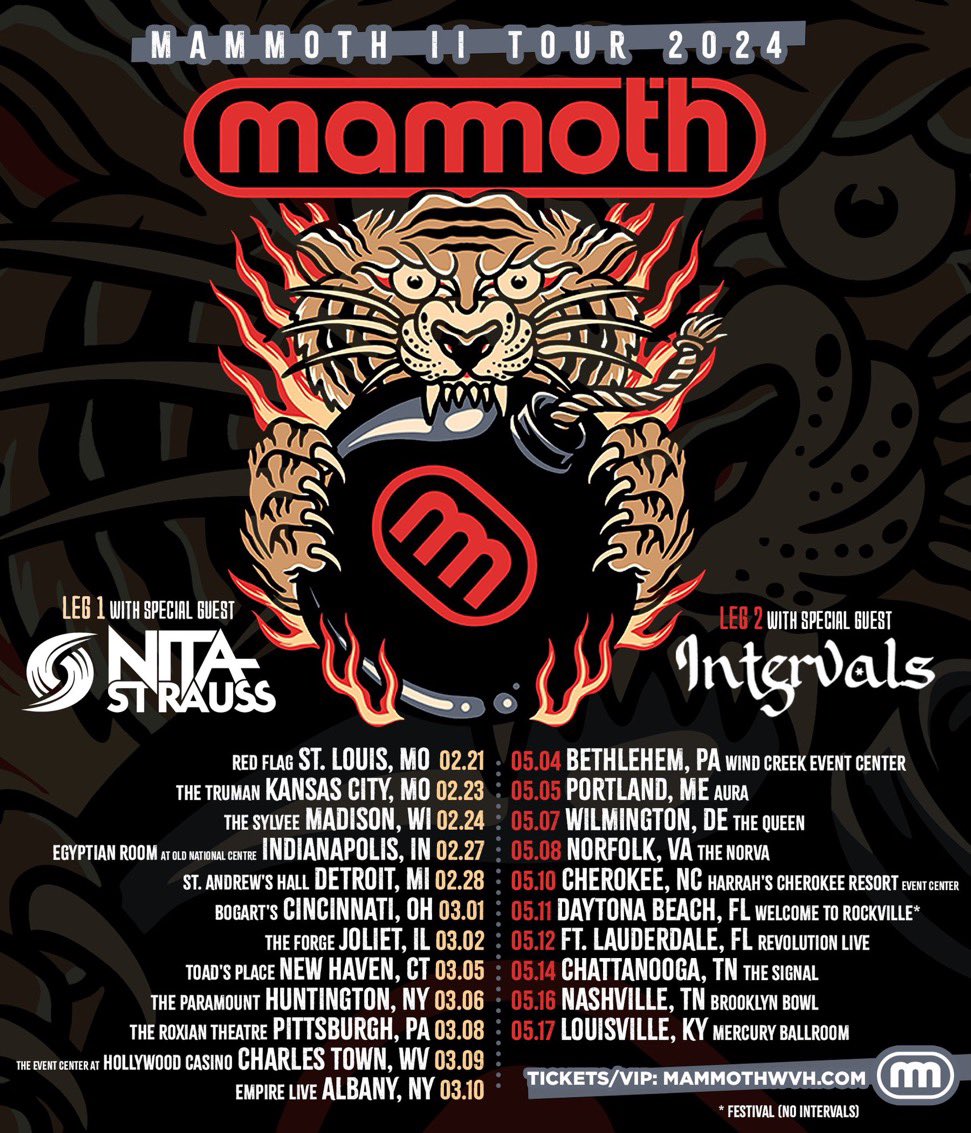 We are extremely happy to announce the Mammoth II Tour 2024 with Nita Strauss on leg one and Intervals on leg two. Presale open 12/5 - use code WVH. Tickets on sale Friday. @hurricanenita #intervals #mammothiitour