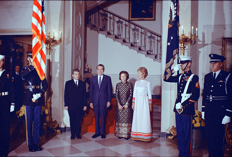 #Nixon50 #OTD 12/4/1973 President Nixon, First Lady Pat Nixon, Romanian President Nicolae Ceaușescu, and Elana Petrescu Ceaușescu before a State Dinner held in honor of Mr. Ceaușescu. During the Romanian revolution, President & Mrs. Ceaușescu were executed on Christmas Day 1989.
