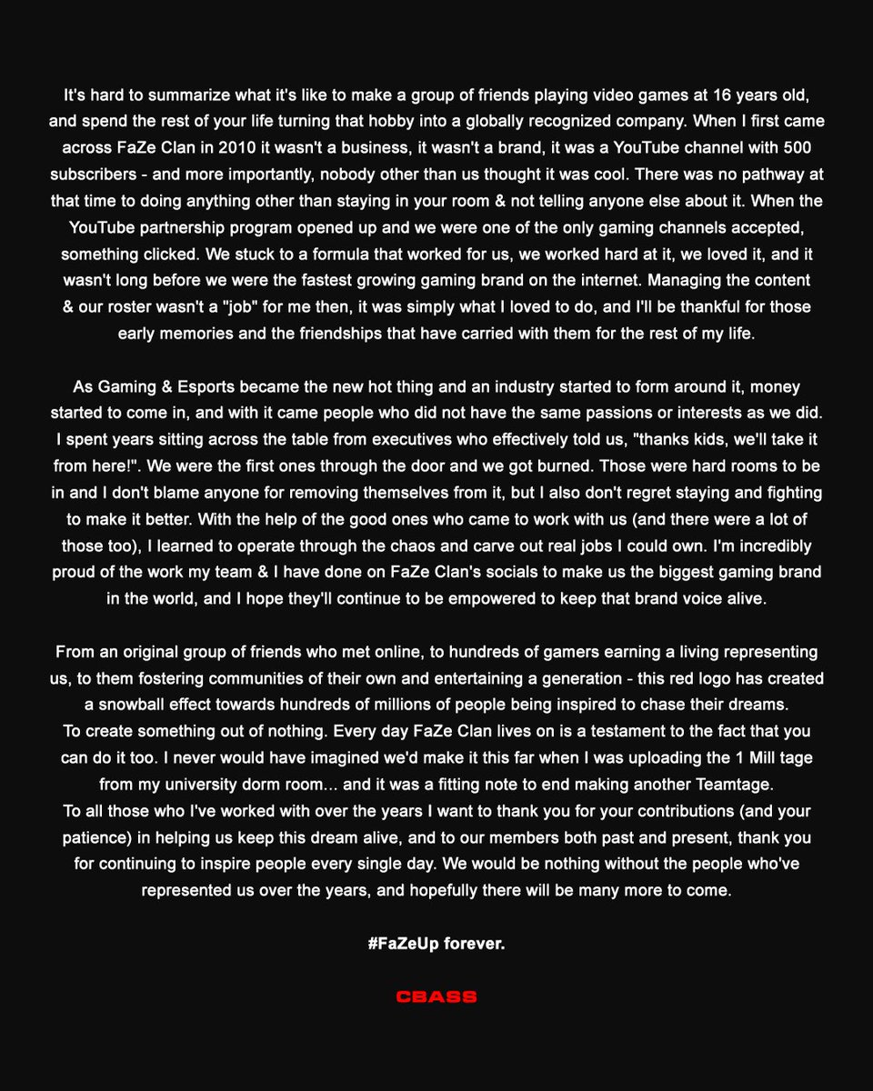 After 12+ years, this will be my final week working at FaZe Clan.