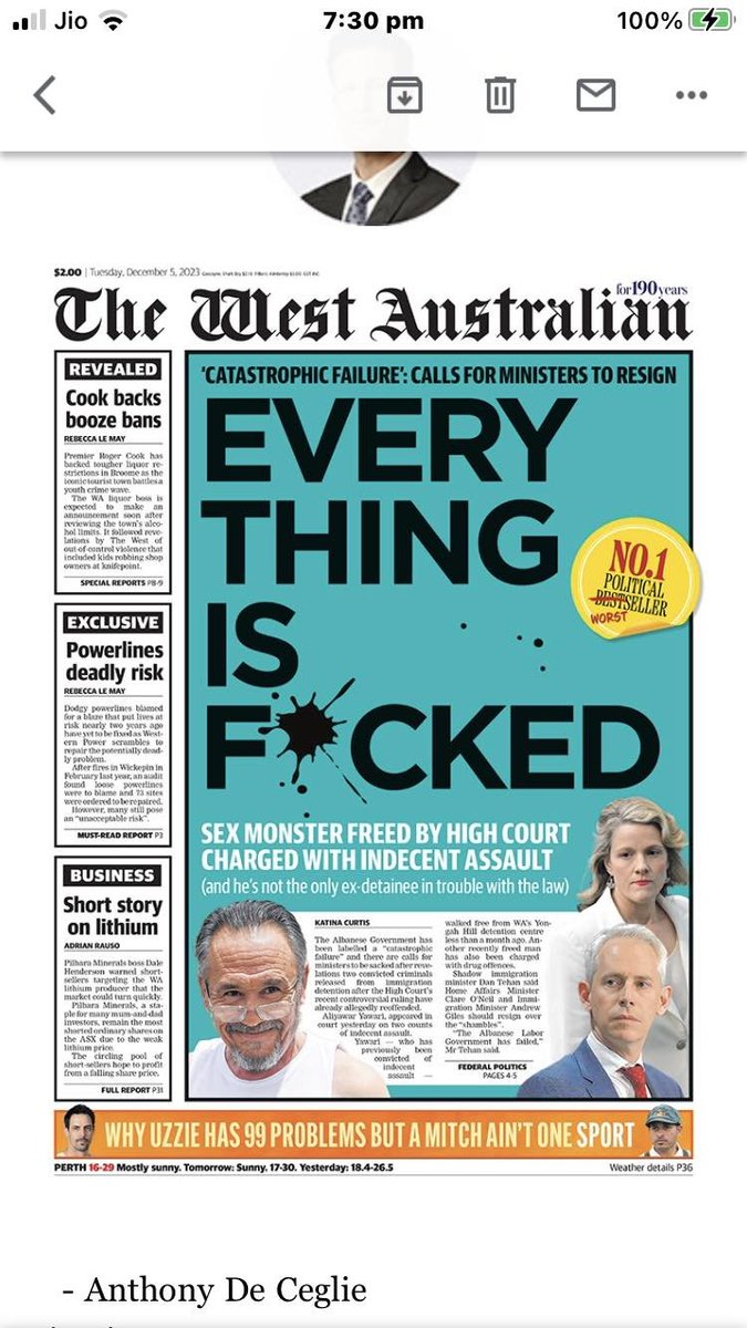 JayStill4's tweet image. This headline is an absolute and utter disgrace. The subject doesn’t matter. It is a moronic use of crude language to try to flog a couple more copies of the rag. It beggars belief the State’s daily newspaper would print such a thing.
#WestAustralian
#KerryStokes