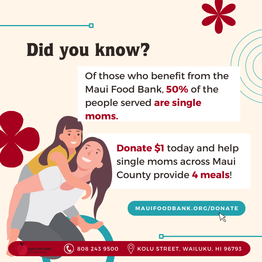 Got a dollar to spare? Donating $1 means you can help the single moms in #Maui County provide 4 meals! 

Yes, that's right. $1 = 4 meals! 🍽️❤️

Make a donation here today: loom.ly/2IFGADE

#Donate #FoodBank #MauiFoodBank