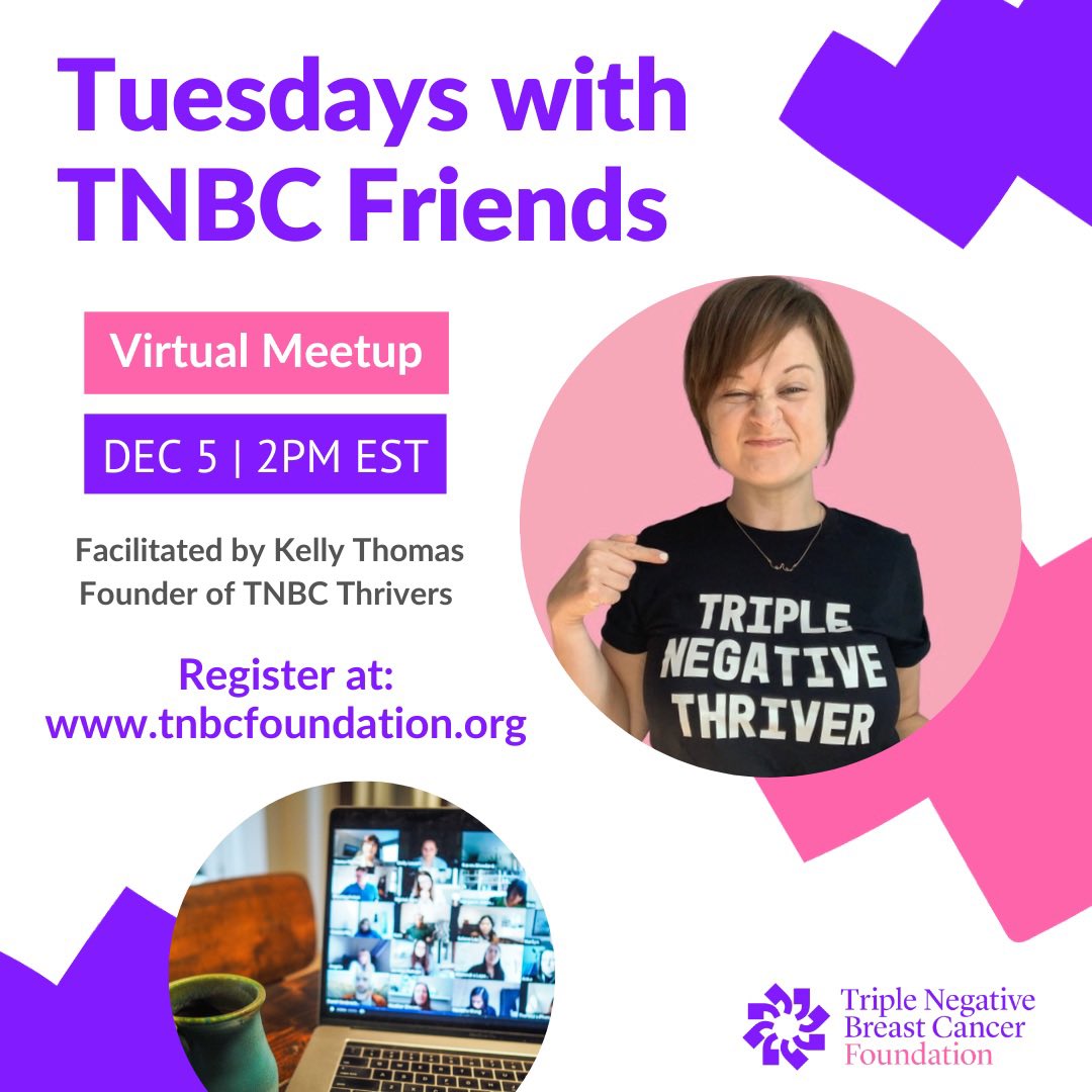 Join us tomorrow for Tuesdays with TNBC Friends! 👩‍💻 Always a safe space and never recorded, go to tnbcfoundation.org to register! #breastcancer #cancersupport #tnbcthriver