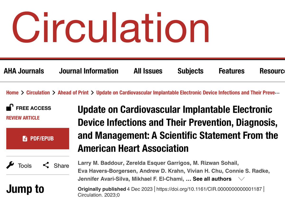 Updated AHA @American_Heart guidelines for diagnosis and management of cardiac device infections are out. ahajournals.org/doi/abs/10.116… @CircAHA @MayoClinicINFD @BCMIDFellowship #CIEDInfection