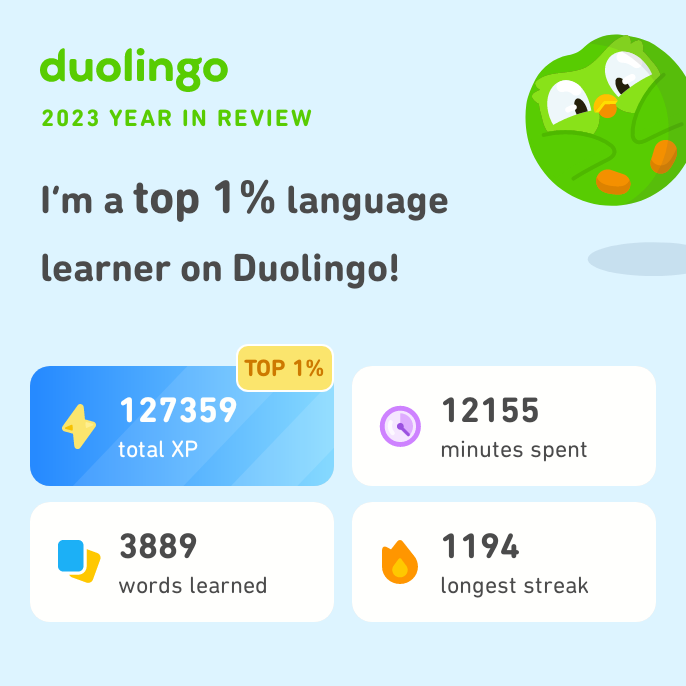 Look how much I learned on Duolingo in 2023! How did you do? #Duolingo365