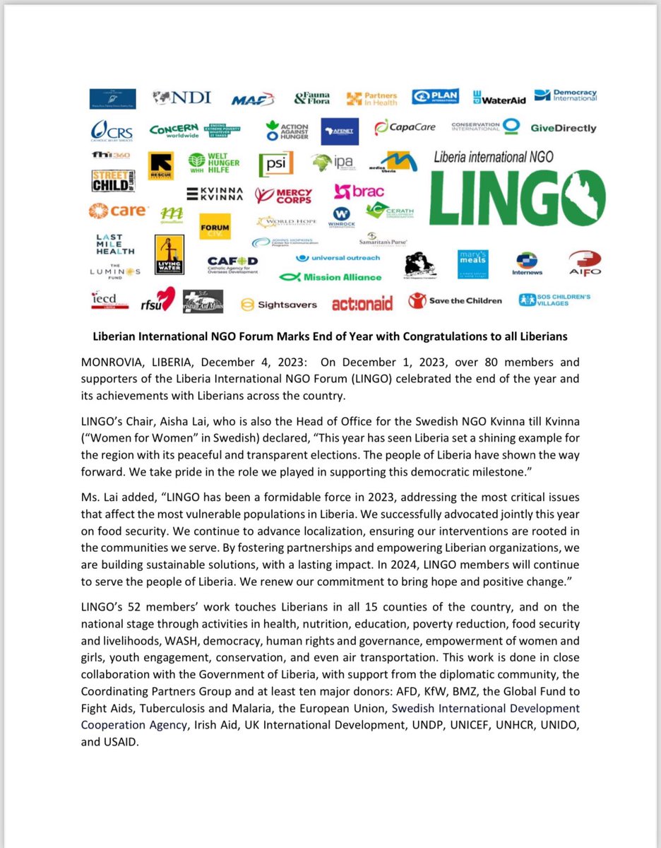 Liberia INGO Forum’s end of year statement. Looking forward to more collaboration, transparency and success for the Liberian people!