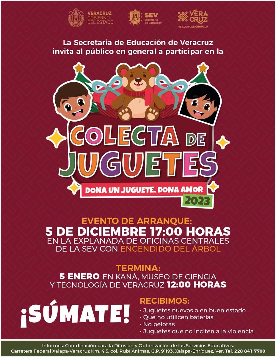 🎄¡Enciende la navidad con nosotros! ✨ Únete a la colecta 'Dona un juguete, dona amor' regalando un juguete nuevo o en buen estado para hacer realidad el sueño de niñas y niños de Veracruz, te esperamos en las oficinas centrales de la SEV. 🧸🎁 Consulta más información 👇