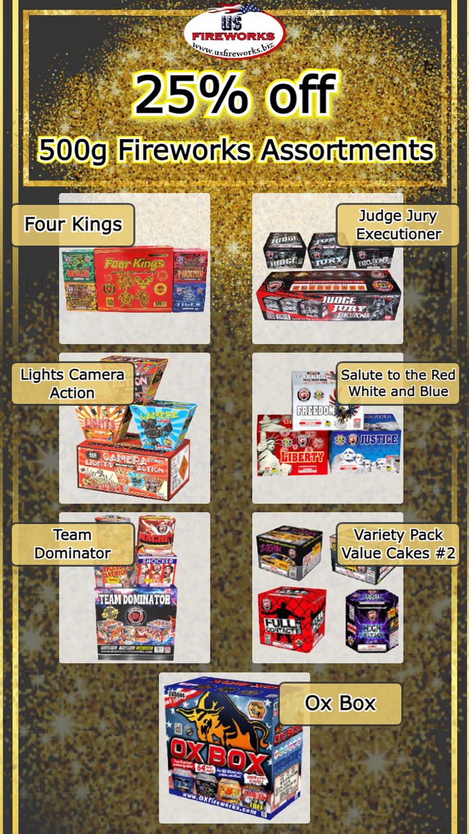 usfireworks's tweet image. These fan favorite 500g assortments are 25% off until the end of 2023.
Welcome the new year with these hard hitting cakes!
usfireworks.biz/category/assor…

#25percentoff #500gcake #fireworksassortments #budgetfriendlyfireworks #wintersavings