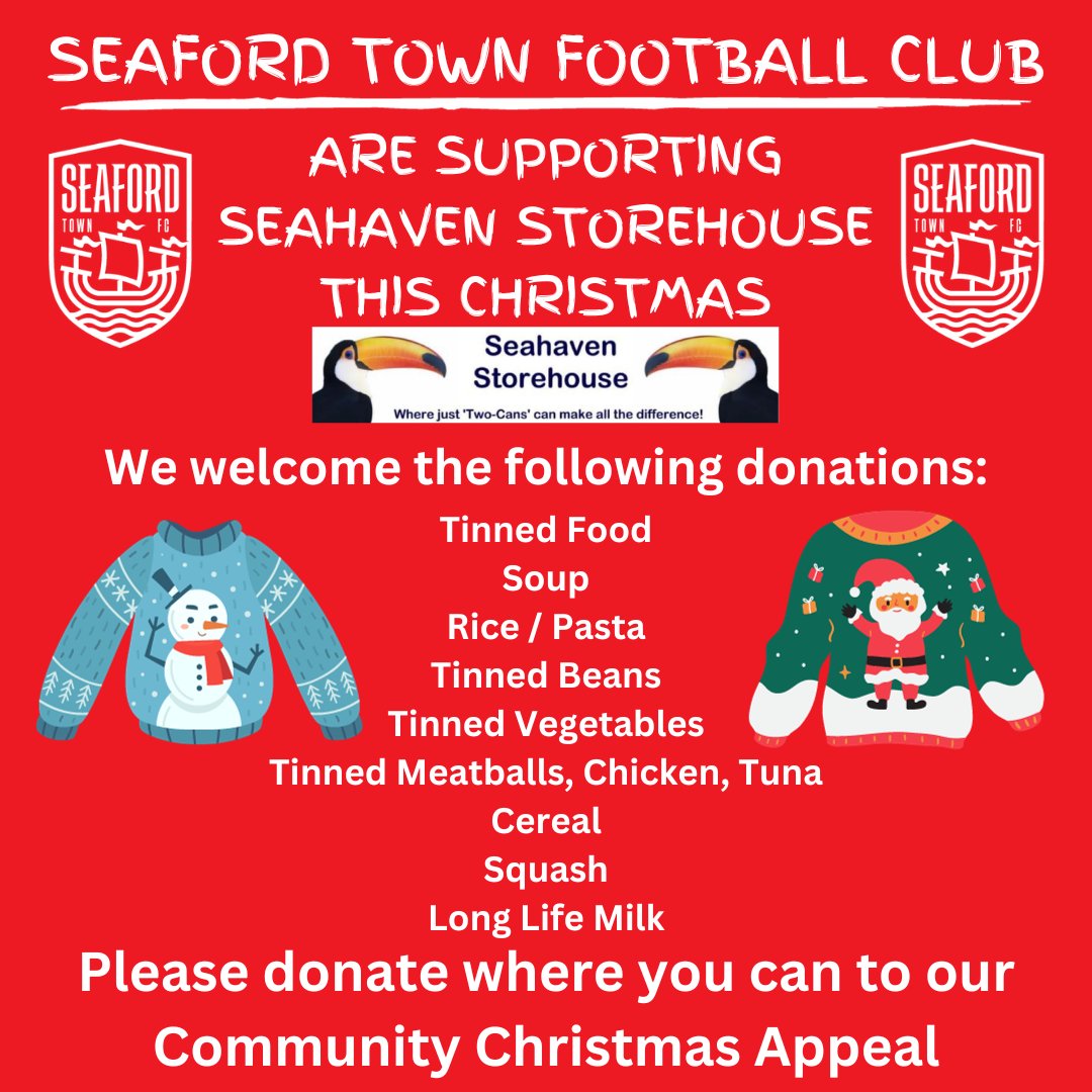 seafordtownfc's tweet photo. SEAHAVEN STOREHOUSE!!!

This Christmas we are supporting an incredible local charity, providing valuable food for our local community!

Throughout December at any home match days or club events you can drop by any of the following goods to our clubhouse!

1/2 https://t.co/ShsQHkUgPr