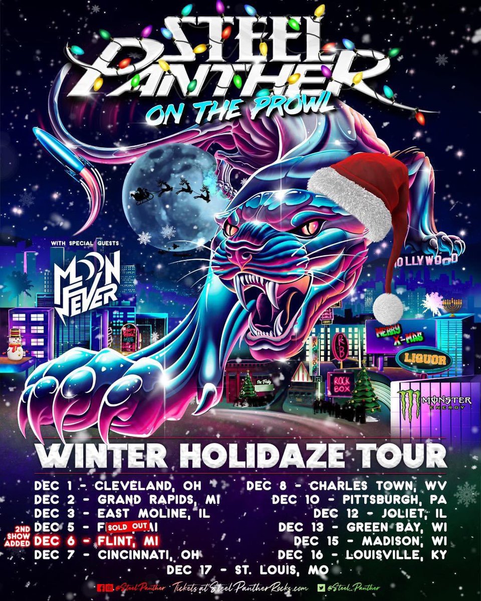Chestnuts roasting on an open fire.
Jack Frost nipping at your boobs.

The Winter Holidaze Tour is UNDERWAY with stops this week in MI, OH, WV + PA!!  Heavy Metal memories are made at the holidays.  Let's make some new ones, shall we!?

DATES + TIX ▶▶▶ steelpantherrocks.com!