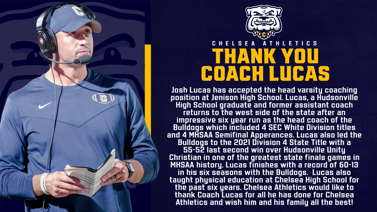 Please see the following statement on the resignation of varsity head football coach Josh Lucas.  Thank you Coach Lucas for all you have done!  We wish you and your family all the best on your next stop.