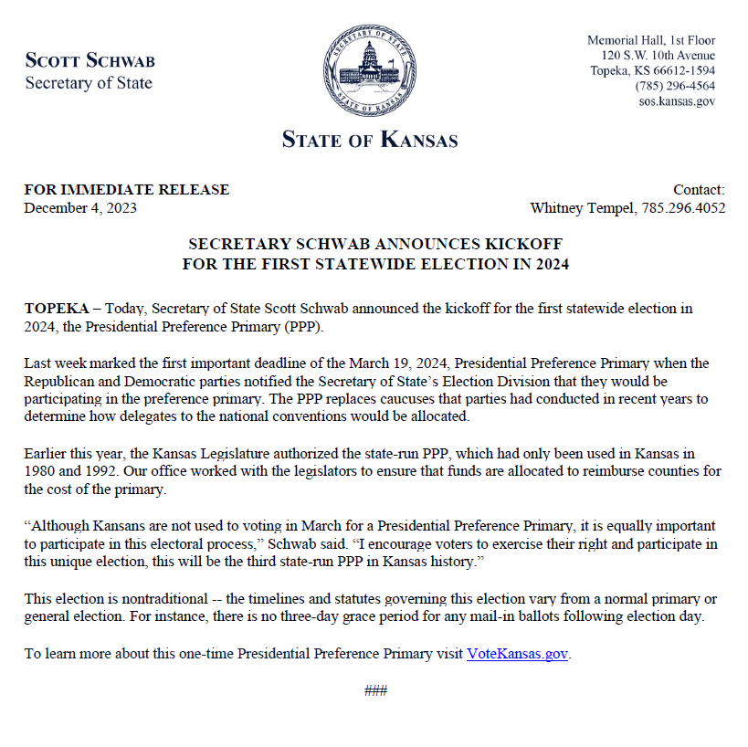 Release: Secretary Schwab announces kickoff for the first statewide election in 2024.