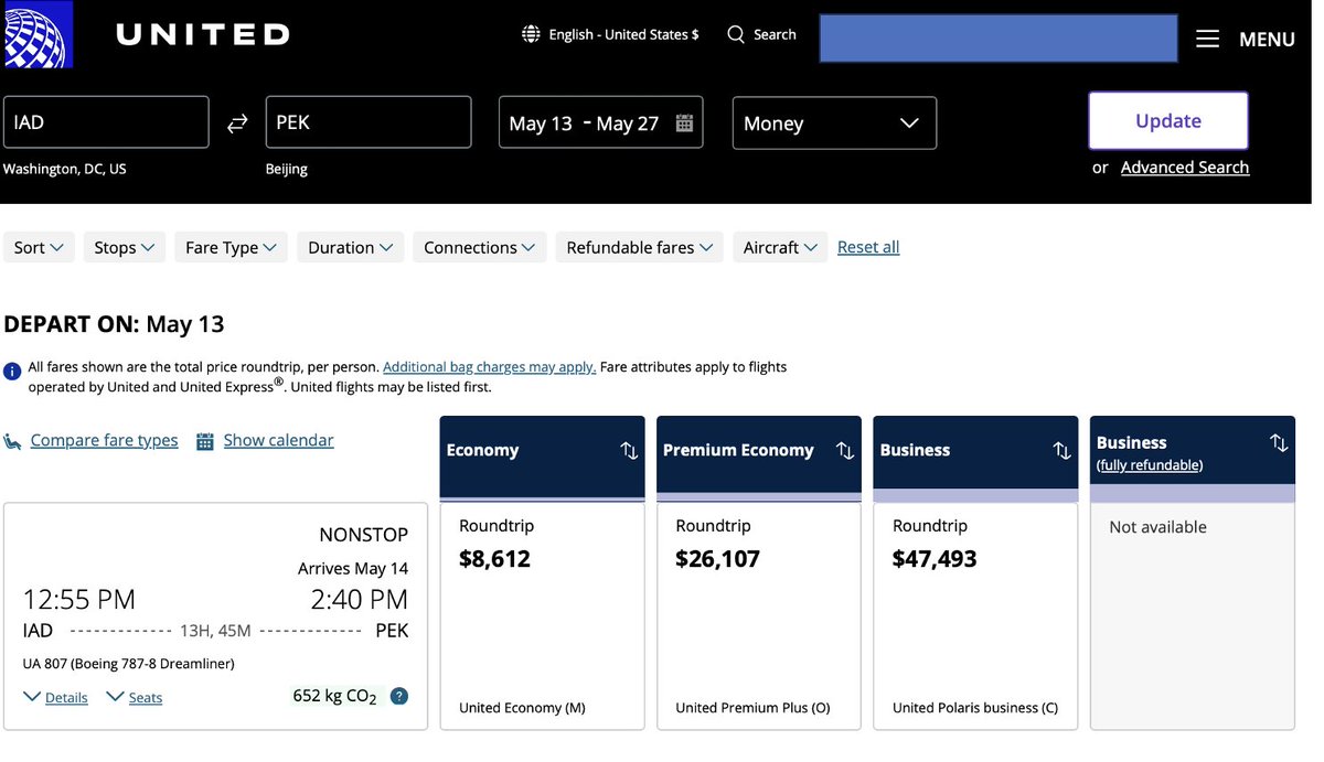 KennedyCSIS's tweet photo. Dear @united, So glad you're resuming the @Dulles_Airport - Beijing direct flight. Q: How can you in good conscience charge $8,612 for roundtrip economy and $47,493 for roundtrip business? How does that even make good business sense? https://t.co/AsPfTPKuJx