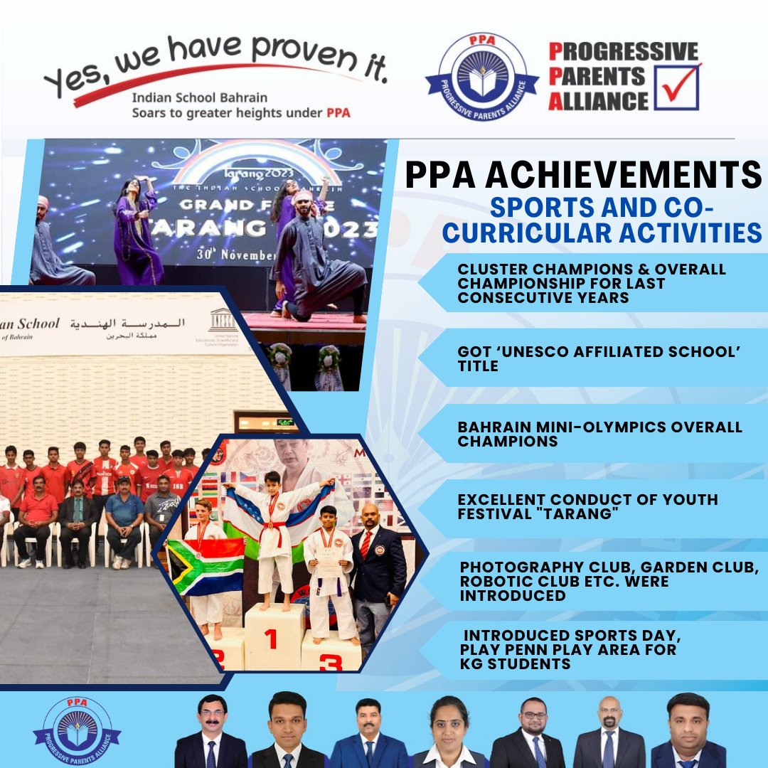 PPAISB23's tweet photo. 𝐏𝐏𝐀 𝐀𝐂𝐇𝐈𝐄𝐕𝐄𝐌𝐄𝐍𝐓𝐒 - 𝐒𝐏𝐎𝐑𝐓𝐒 𝐀𝐍𝐃 𝐂𝐎-𝐂𝐔𝐑𝐑𝐈𝐂𝐔𝐋𝐀𝐑 𝐀𝐂𝐓𝐈𝐕𝐈𝐓𝐈𝐄𝐒

#BahrainSchoolElection #ParentPower #VotePPA #IndianSchoolBahrain #PPAforExcellence #SchoolElection2023 #TransparencyMatters #Indianschoolbahrain #Indianschoolelection #PPA https://t.co/9MBAi2UKD2