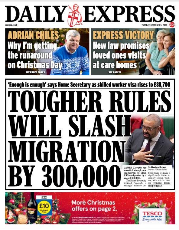 Tuesday's front page: Tougher rules will slash migration by 300,000