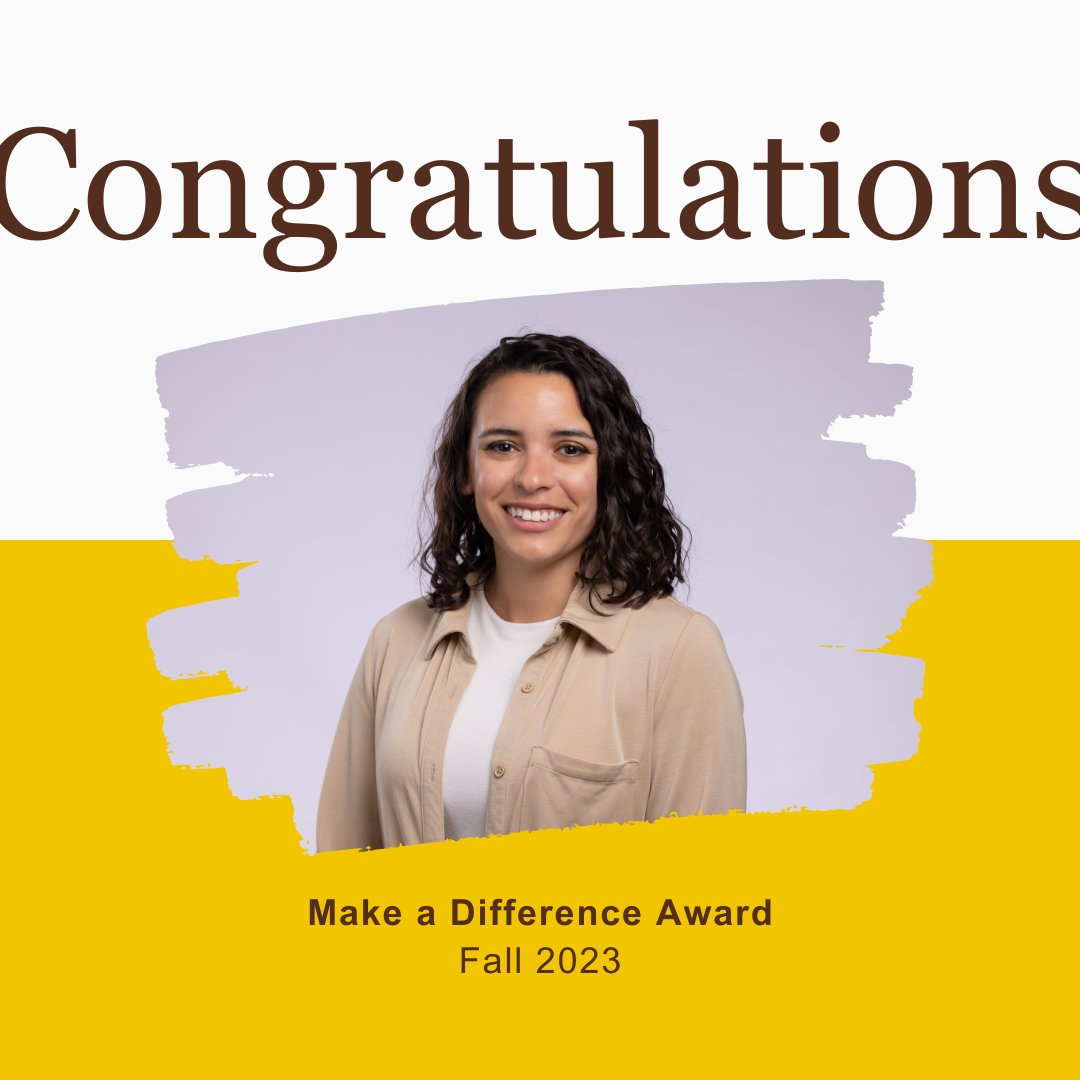 Complacademics's tweet photo. Congrats Adriana on winning the Make a Difference Award! Adriana was nominated by 18 peers &amp; her winning is a testament to the hard work she has shown over the past 8 months as she's been single-handedly running the academics department with grace, ingenuity, &amp; great attitude! https://t.co/dqz0TZ5G77
