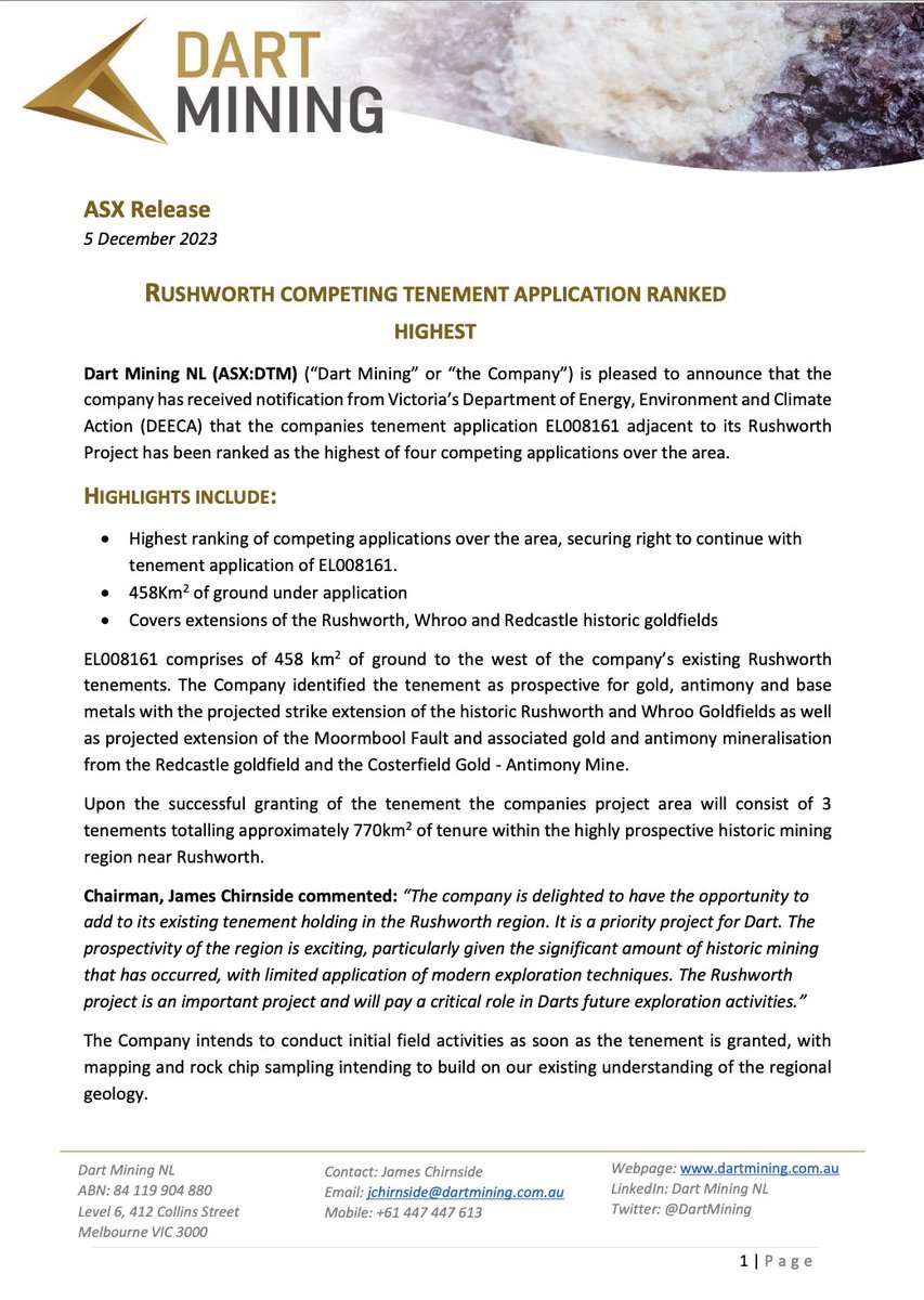<a href="/DartMining/">Dart Mining</a>  recieved notice from Victoria’s Department of Energy, Environment and Climate Action that the companies tenement application EL008161 has been ranked as the highest of four competing applications over the area.
ASX🔗bit.ly/486rivf
$DTM #lithium #mining