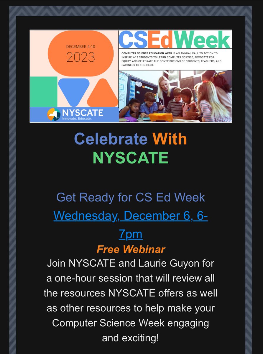Make sure you register for our FREE @CSEdWeek webinar hosted by the one and only @SMILELearning!!! nyscate.org/iCore/Events/E…