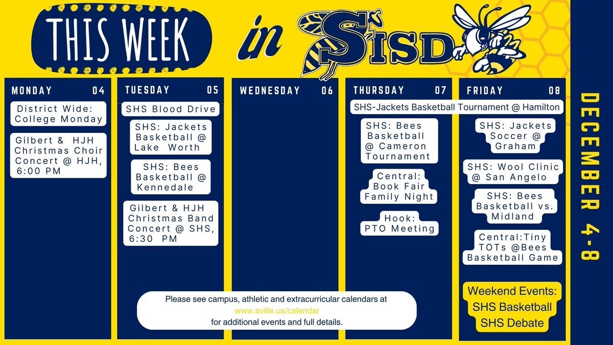 This week in Stephenville ISD:
Please see campus, district and extracurricular calendars for additional events and full details. Calendars are located at sville.us/calndar