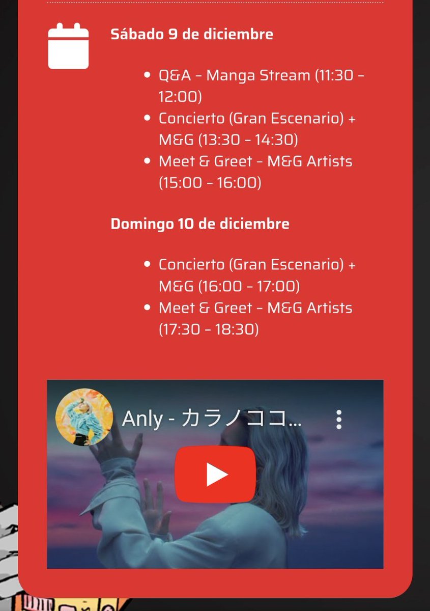 wysScLt8yI7lkvE's tweet photo. 🇪🇸MANGA BARCELONA 2023🇪🇸
La agenda de #Anly
・Sábado 9 de diciembre
→Q&A(11:30–12:00)
→Concierto(13:30–14:30)
→Meet&Greet(15:00–16:00)
・Domingo 10 de diciembre
→Concierto(16:00–17:00)
→Meet & Greet(17:30–18:30)
#DrSTONE #NARUTO #BORUTO #KARANOKOKORO #29mangaBCN https://t.co/xkvp47Hlyy
