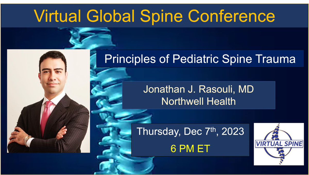 Join us this Thursday at 6 PM ET for an insightful session with Dr. Jonathan Rasouli as he delves into the 'Principles of Pediatric Spine Trauma.' Zoom link: zoom.us/meeting/regist… #PediatricSpine #Neurosurgery #neurotwitter #spine #orthotwitter #orthopedics #Trauma #traumacore