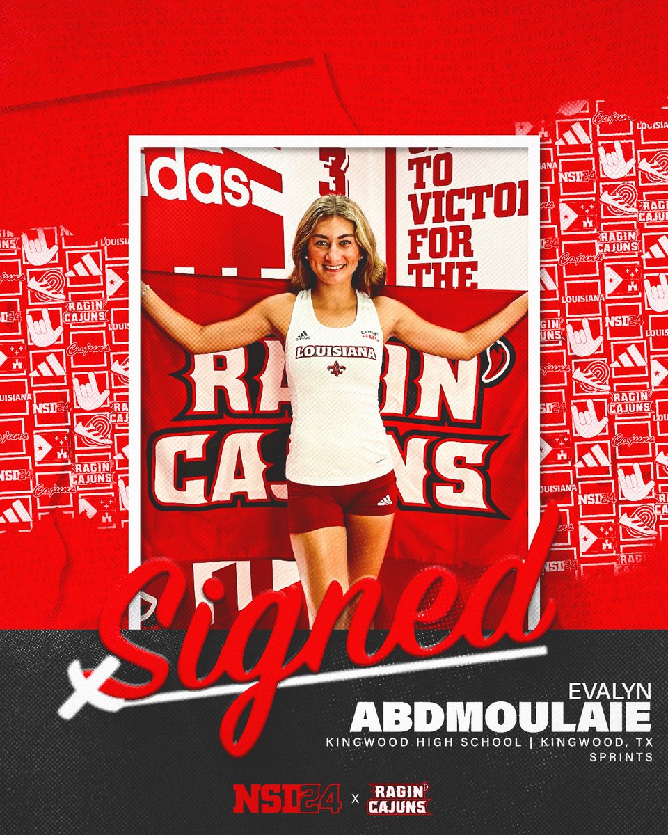 RaginCajunsTRK's tweet image. 𝙎𝙄𝙂𝙉𝙀𝘿 ✒️ 

Time to announce our latest signee, Evalyn Abdmoulaie! Evalyn comes to Louisiana as a sprinter from Kingswood, Texas.

#GeauxCajuns