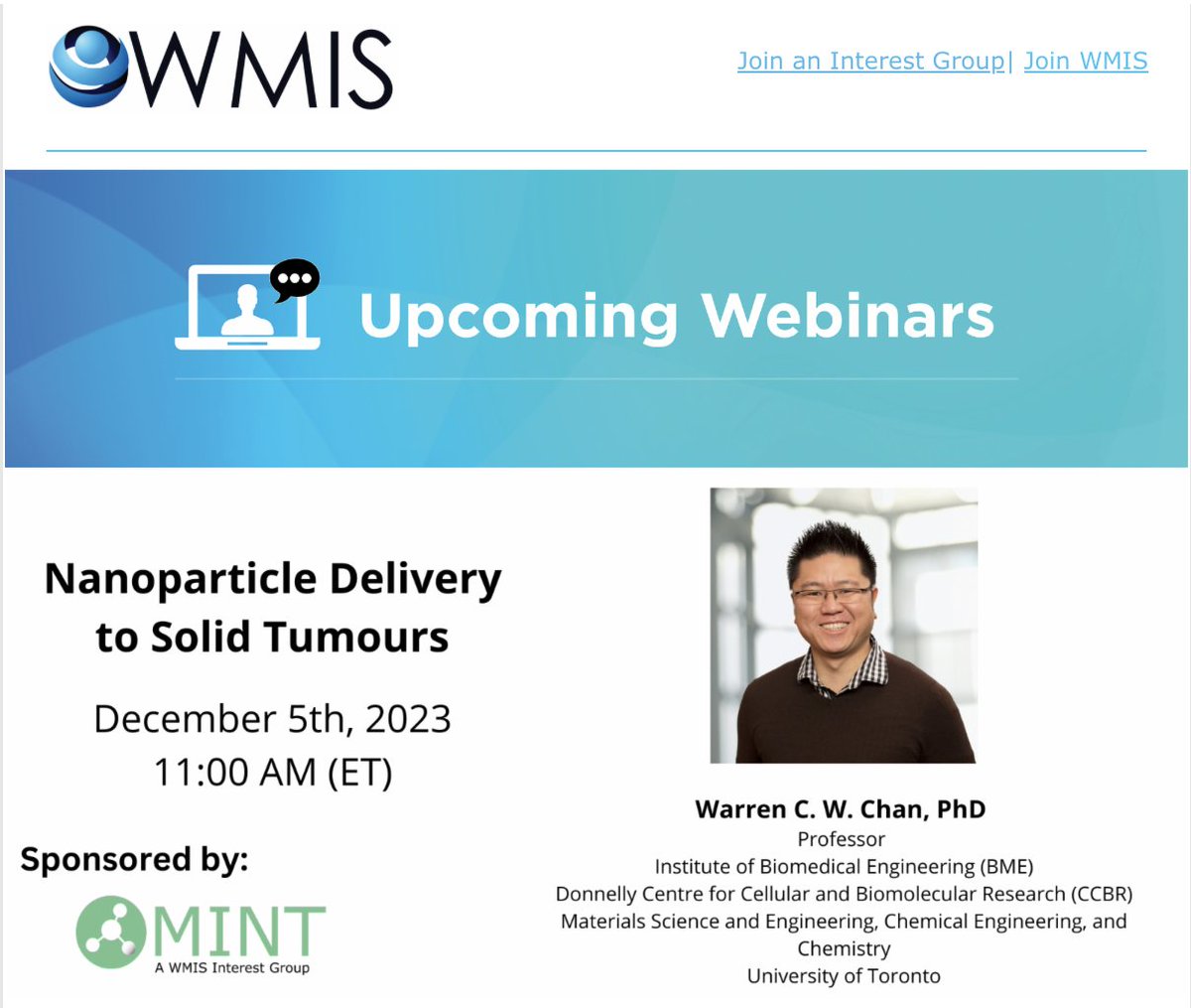 EreminaOE's tweet photo. 📢 Happening tomorrow at 11:00 am ET!
Please join us for @WMISWMIC webinar on "Nanoparticle Delivery to Solid Tumors"
by Prof Warren Chan (@TheChanLab) from @bme_UofT

Don't miss this insightful session!!

🔗 https://t.co/BBkCS5rHPC

#WMISWMIC #Nanoparticles #CancerResearch https://t.co/l4p1xR3U6k