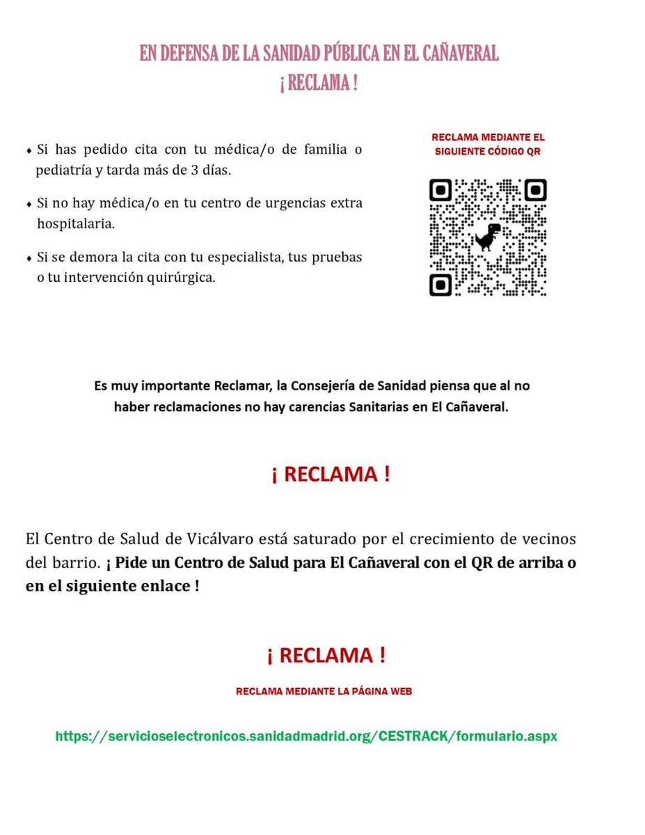 🏥 Manifestación por un centro de salud en el barrio.

---
📆14DIC
🕡19:30-21:30
📍CC.Vicalvaro C/San Cipriano
---

Por tu salud y la de los tuyos. ¡RECLAMA!

#SanidadPública #Vicalvaro #ElCañaveral #ElBarrioAbandonado

👇👇👇