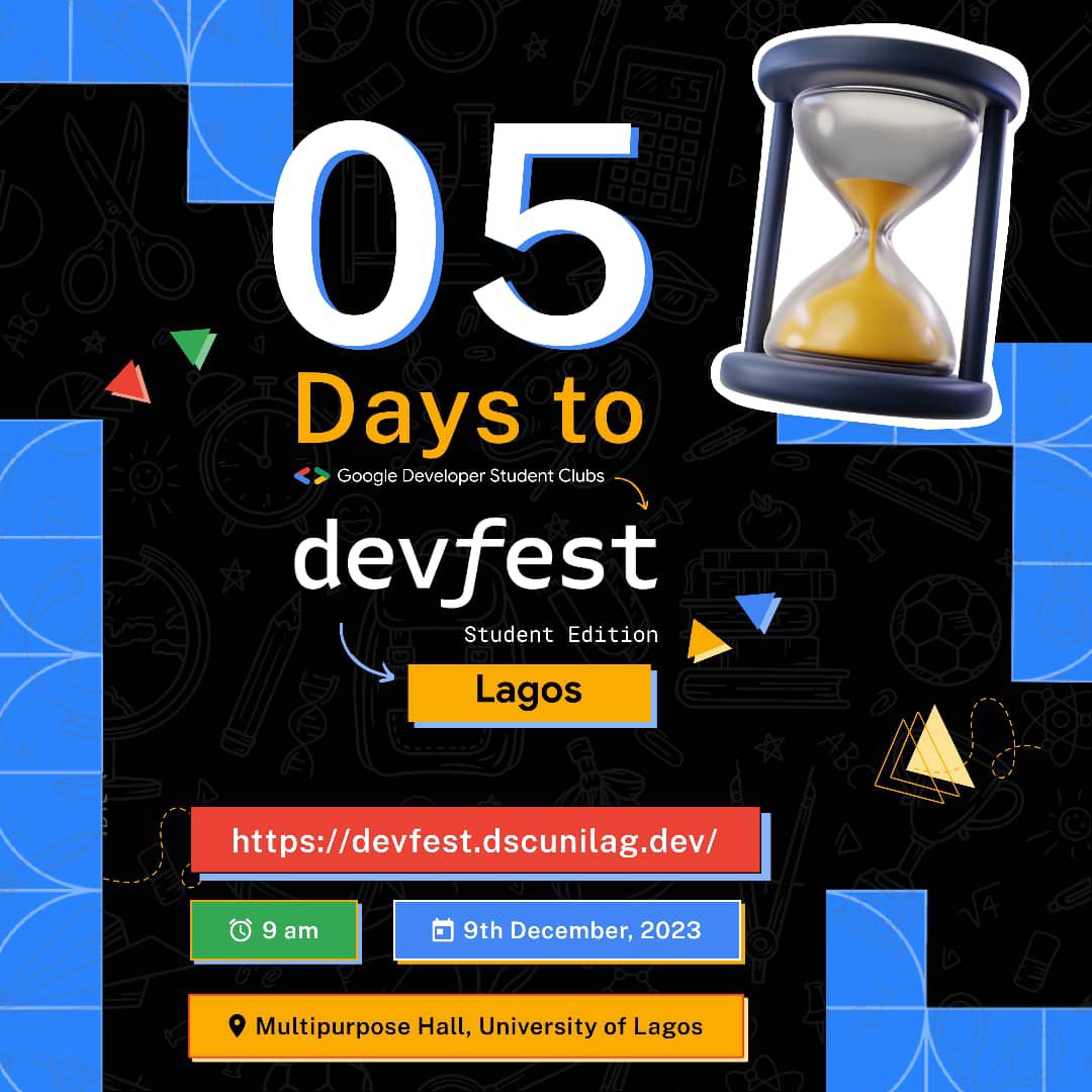 it's 5 days to DevFest Lagos Student Edition! 🚀 Get ready to learn💻, connect, and celebrate the brilliance of innovation! #DevFestLagosSE @GDSCYabatech @gdsclasu @GDSCBabcock @gdsc_calebuniv