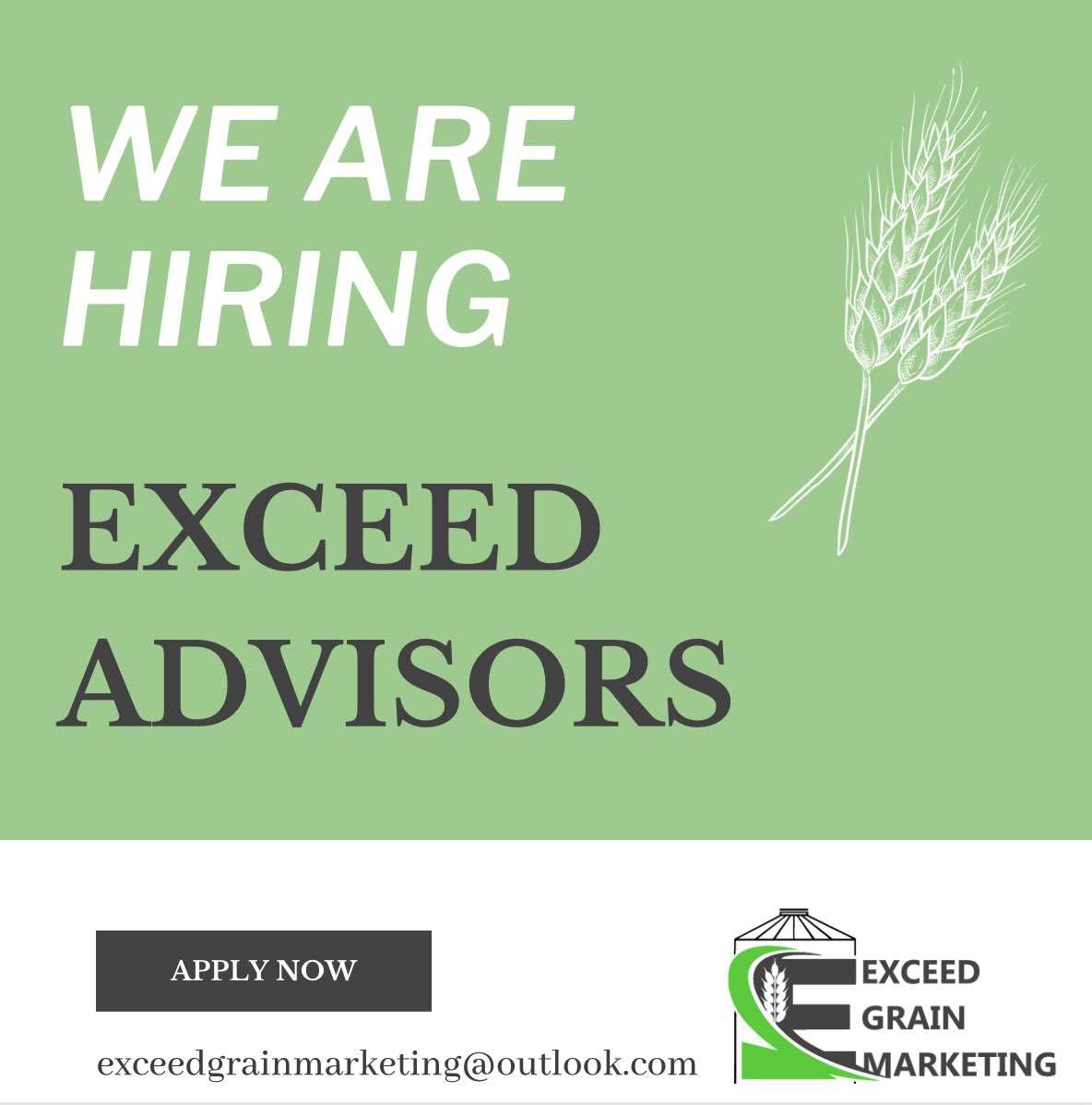 🌟Are you ready to try something new in 2024? 🌟

Join the Exceed team and assist farmers in selling their grain!

Send resume and cover letter to exceedgrainmarketing@outlook.com

#ExceedAdvisors #ExceedTeam #ExceedHiring