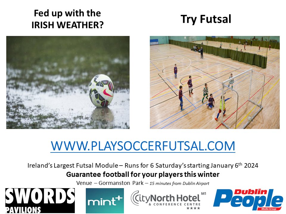 @SiiWalsh @marcjohnkenny @GrahamKane19 Great work all. Could you promote 6 weeks of futsal starting from 6th January from same venue. 40+ teams signed up already playsoccerfutsal.com more opportunities to play Futsal, Thanks