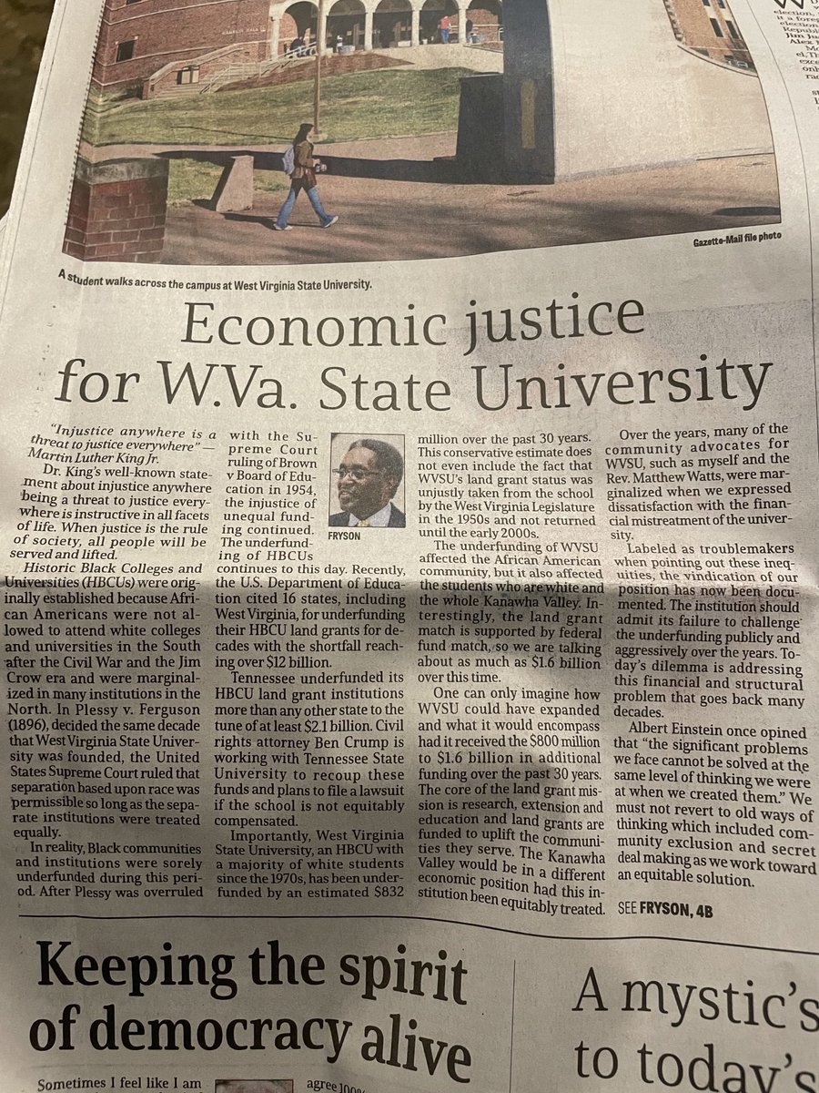 Dfry45's tweet photo. This weekends article on economic justice for West Virginia State University. Unfortunately, the Gazette-Mail did not include this article online for some mistaken reason. Nevertheless, the local community and the nation needs to read this article and respond. Justice for WVSU! https://t.co/ZBFRTu7ixM