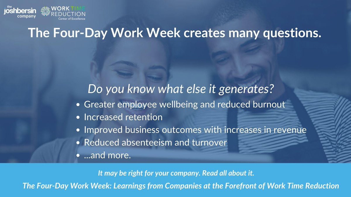 The payoff of a four-day work week goes beyond “time off” for everyone. Learn more in our #WorkTimeReduction report and action guide. You’ll understand the key considerations and tactical steps for implementation: joshbersin.com/the-four-day-w…
#hr #futureofwork #futureofhr #4dayweek